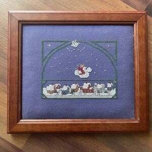 Vintage Framed Needlepoint Angel Village Scene Cross Stitch Wall Art Decor